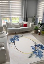 Mavi Çiçekli Beyaz Halı 3042L - Yıkanabilir Halılar
