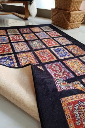 Patchwork Desenli Halı Siyah 5016R - Yıkanabilir Halılar