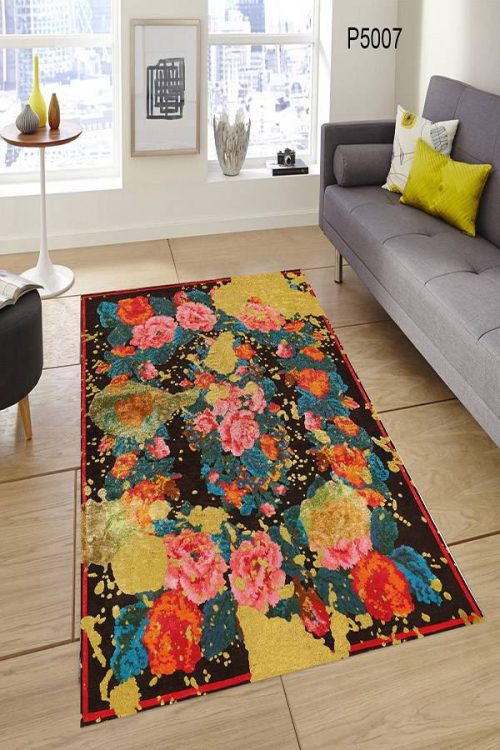 Sarı Siyah Patchwork Halı 5007R - Yıkanabilir Halılar
