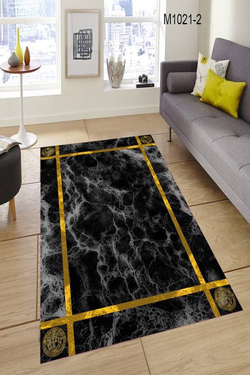 Siyah-Gold Mermer Halı 3021-2L - Yıkanabilir Halılar